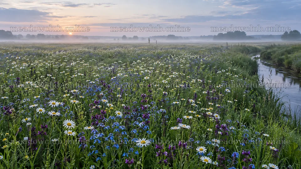 Misty Wildflower Meadow at Sunrise – meadow photos 10324x5812